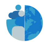 A blue circular shape it half filled with the earth’s surface, and the other half is filled with a diversity of blue silhouettes to emphasize diversity within one world. 