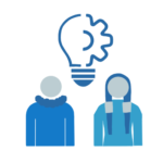 Two blue Indigenous silhouettes are featured side by side facing forward with the outline of a large lightbulb in the space between the figures and above their heads. 