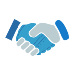 One bold blue hand and one faded white hand are shaking hands, to represent relations. 