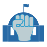 A light blue fist in the foreground in centered on a dark blue government building with a rounded roof and flag in the background. 