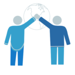 Two Indigenous youth stand side be side, their arms raised to meet each other overhead, in the space between them. 