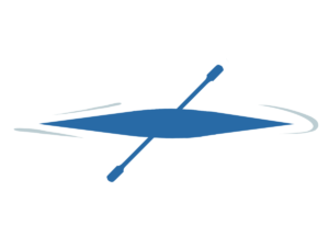 Blue kayak and paddle from a seal’s eye view. Light grey ripples extend from the stern and bow. Designed by Gitxsan author, artist and climate researcher Hetxw’ms Gyetxw (Brett D. Huson).